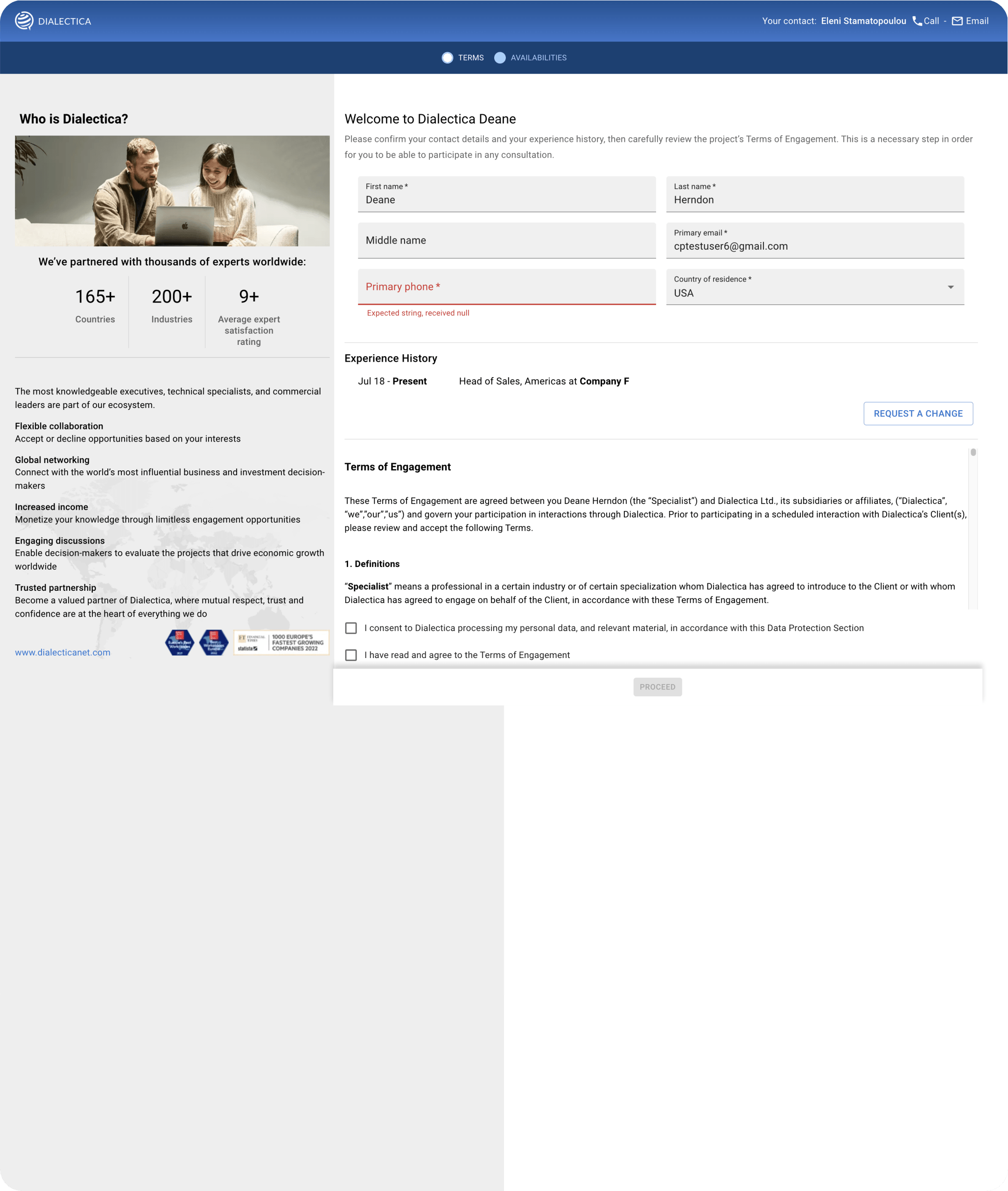 Old Terms of Engagement flow: single dense page with two flat tabs